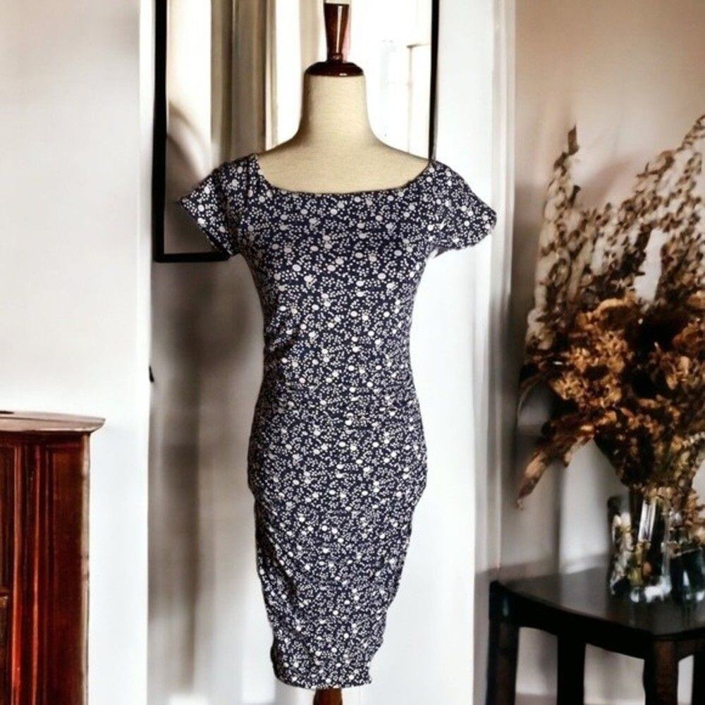 Boden Off Shoulder Sheath Dress‎ Size 4 Navy Blue White Floral Ruched Stretch